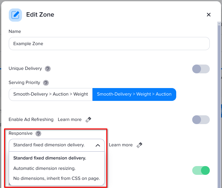 The Responsive zone options in the Edit Zone window