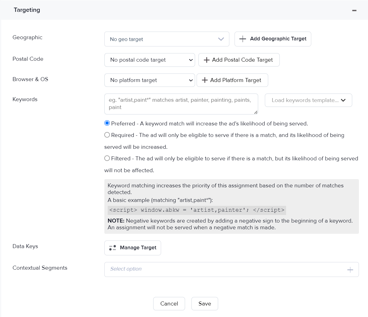 The Targeting section in a campaign assignment